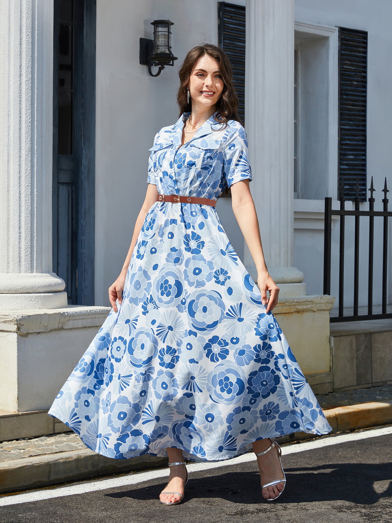 Floral Print Lapel Collar Short Sleeve Maxi Dress – Émouvoir