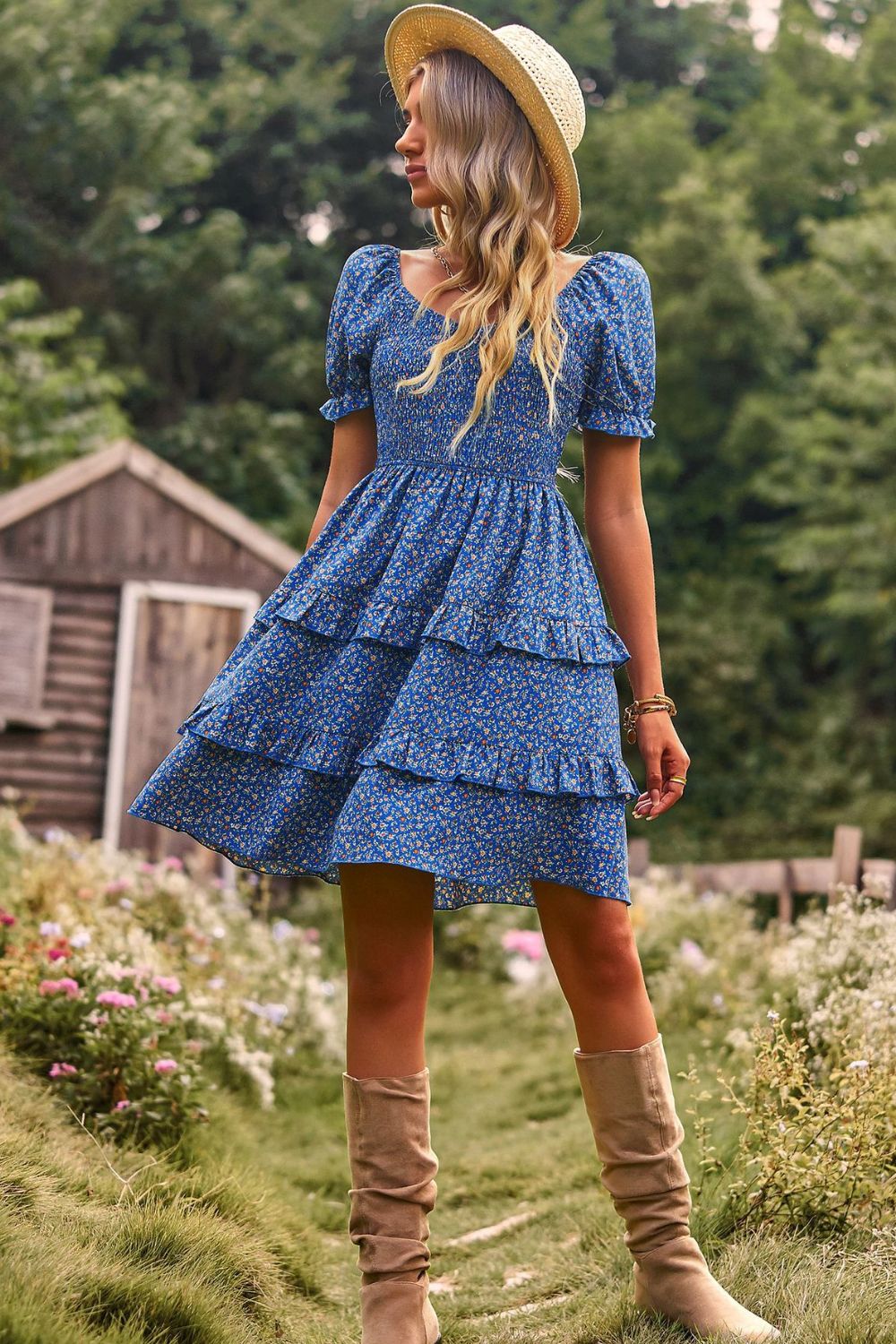 flounce sleeve mini dress Plus Size Dot Flounce Sleeve Mini Dress Tan / 2XL